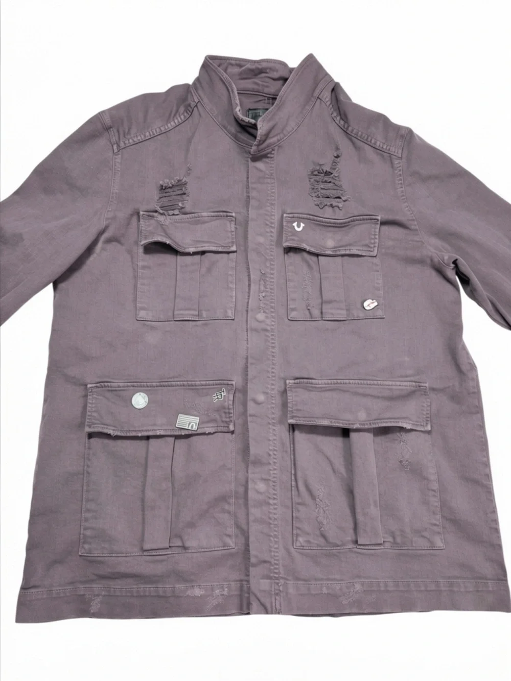 True Religion Brand Jeans Distressed Military Cotton Jacket In Charcoal Size 3XL